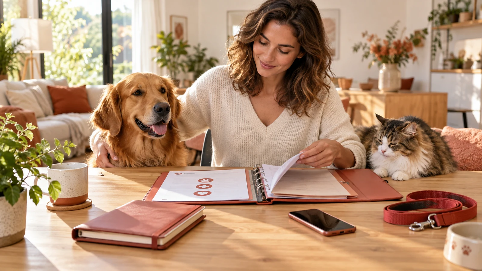 Propriétaire préparant sereinement le dossier de son chien et de son chat
