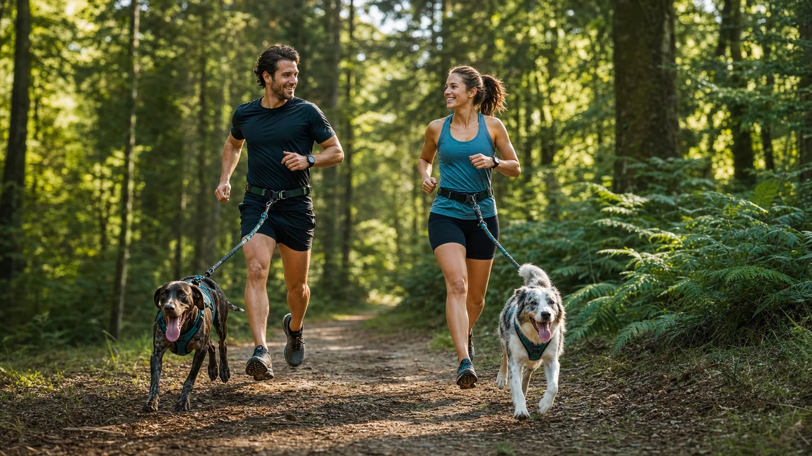 Un homme et une femme pratiquent le canicross avec leurs chiens sur un sentier forestier