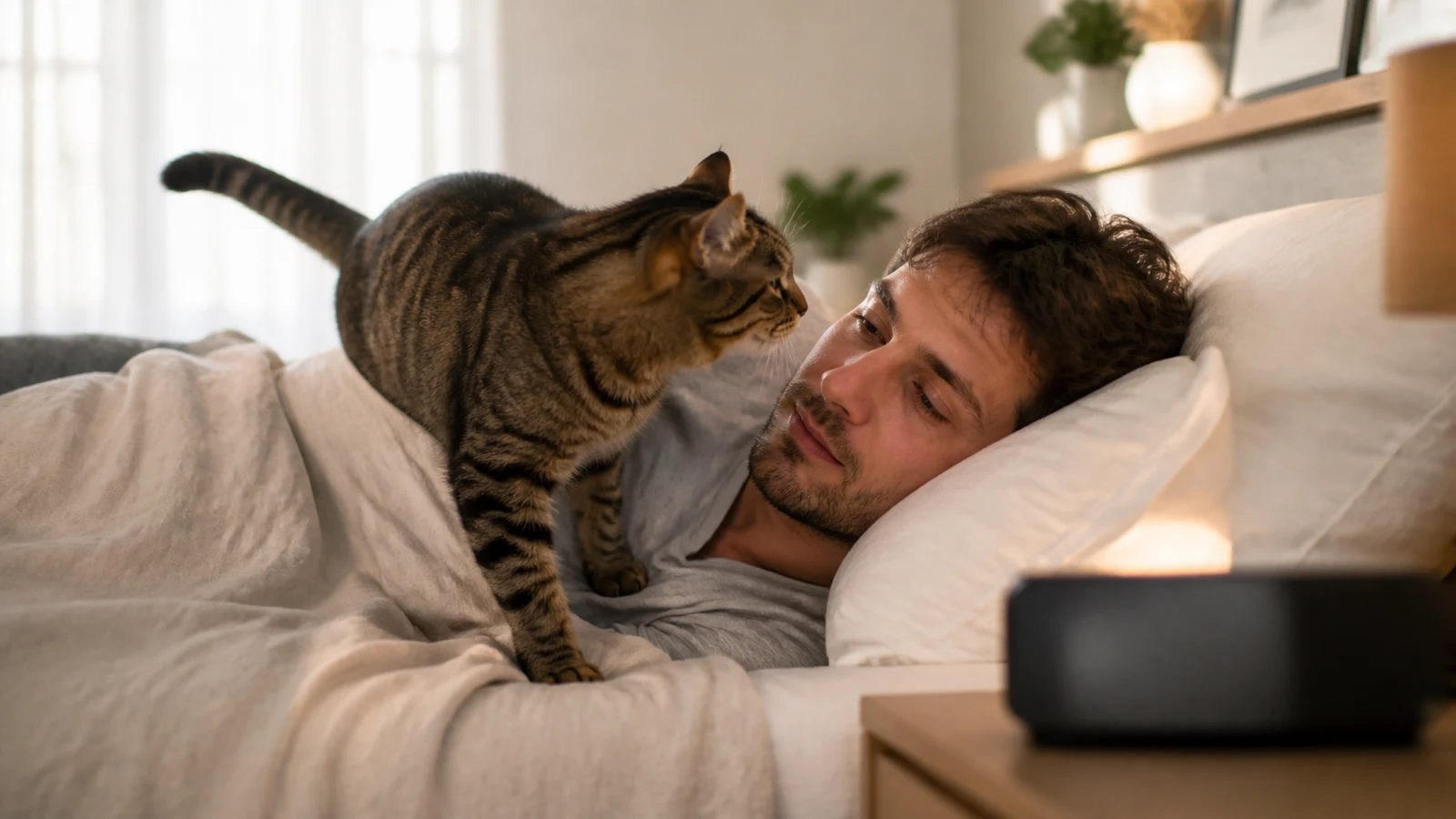 Un chat domestique réveille doucement son propriétaire en montant sur le lit au lever du jour