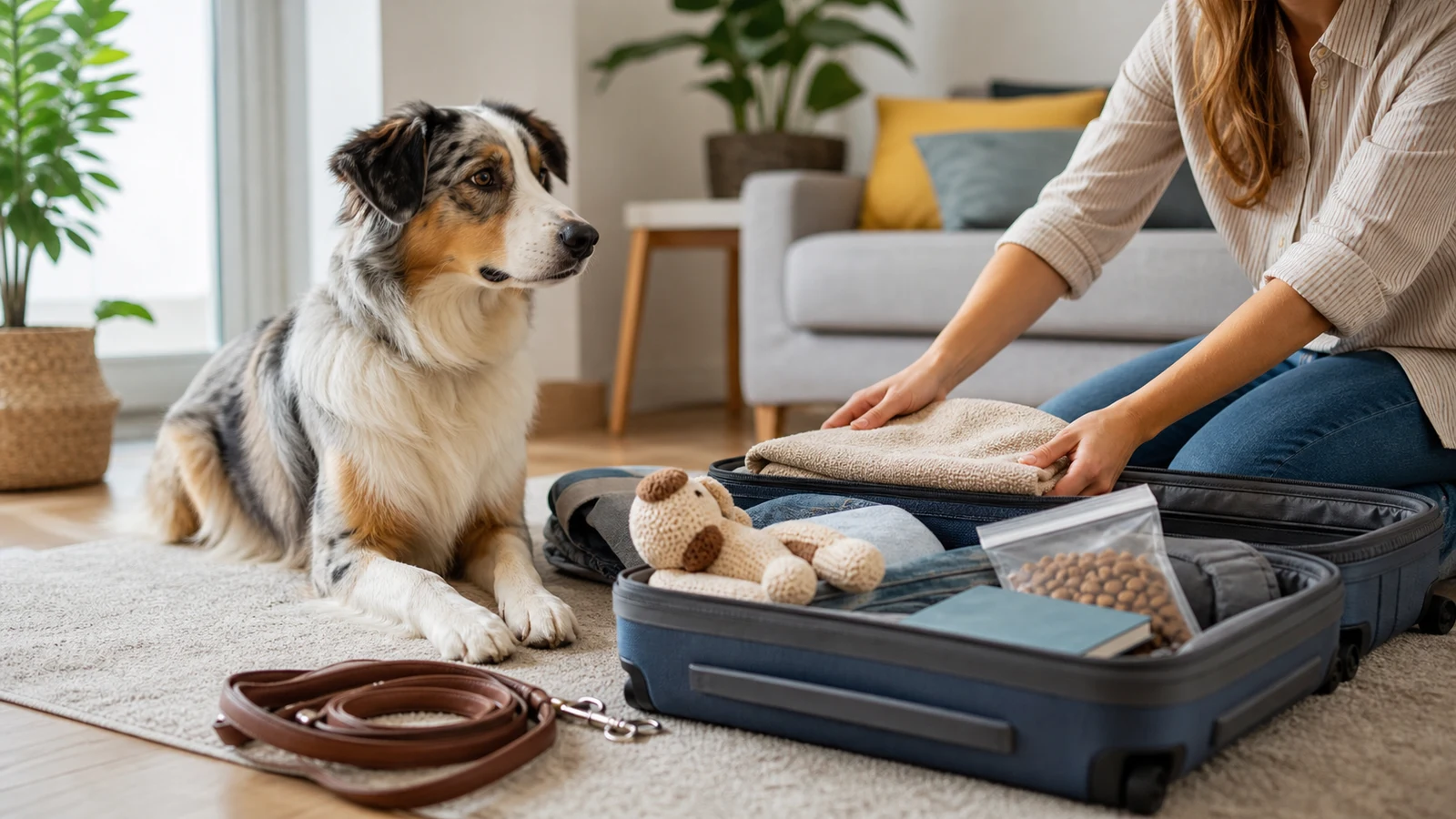 Un chien calme près d’une valise organisée avec sa laisse, sa nourriture, son carnet de santé et son jouet