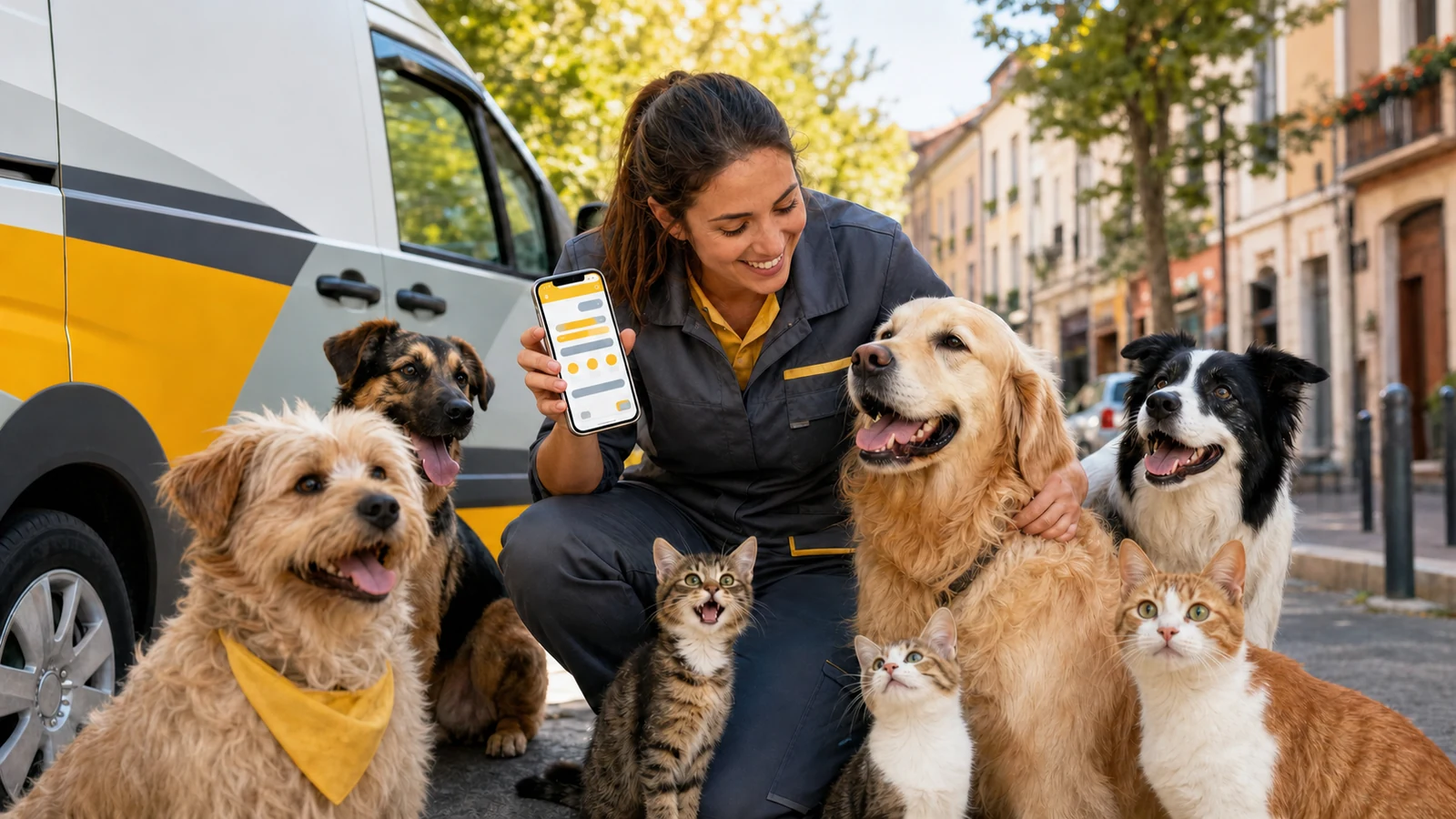 Professionnelle des services animaliers entourée de chiens et de chats devant son véhicule