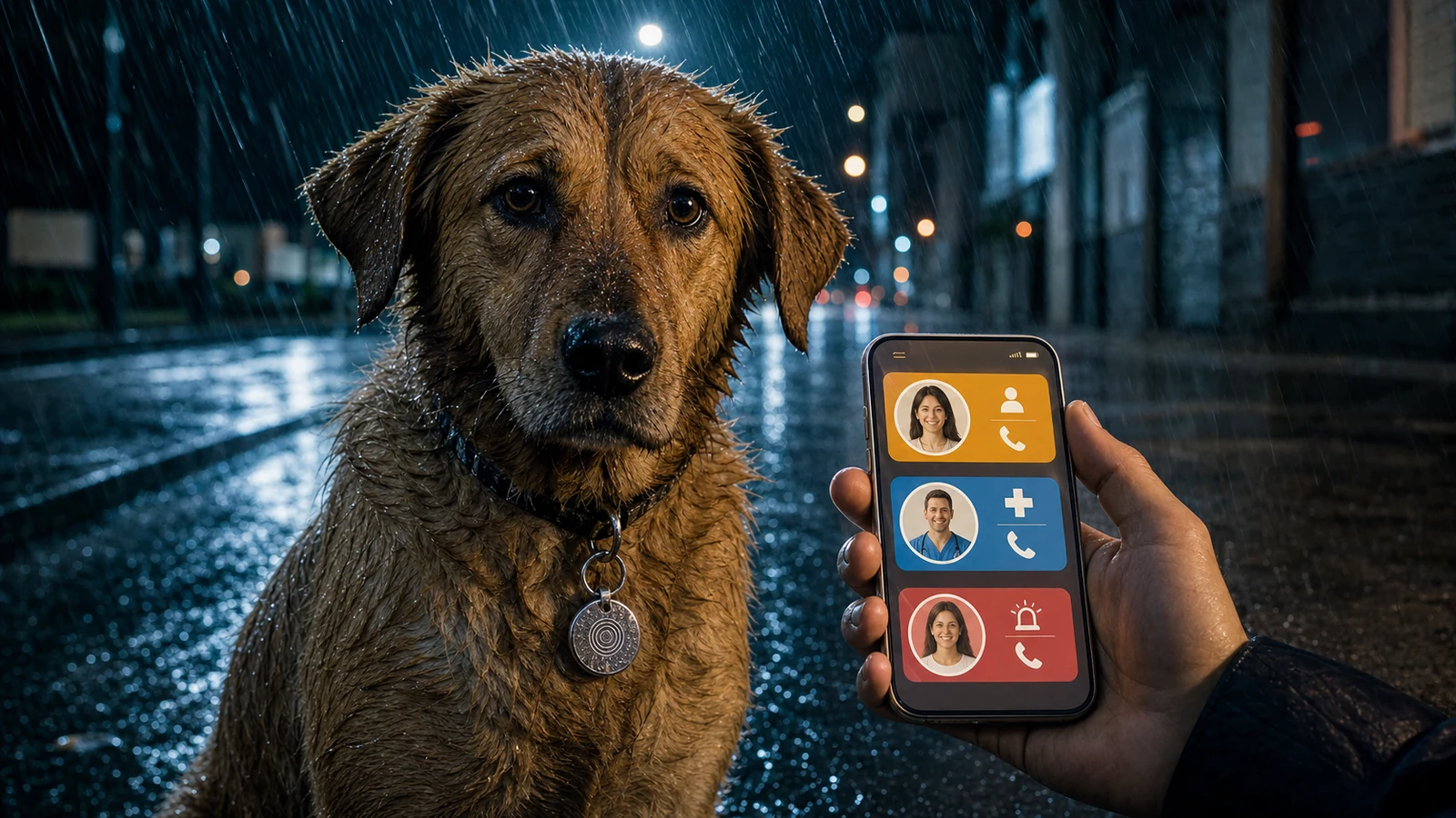 Chien retrouvé sous la pluie près d’un smartphone affichant ses contacts utiles