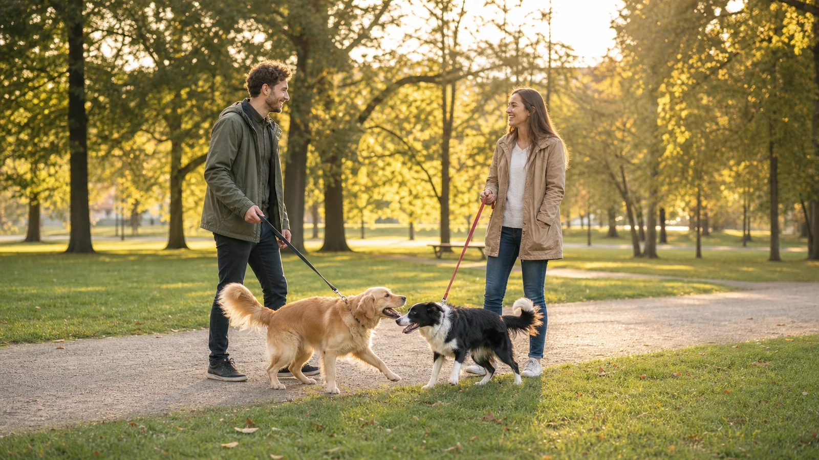 Deux propriétaires discutent dans un parc pendant que leurs chiens font connaissance